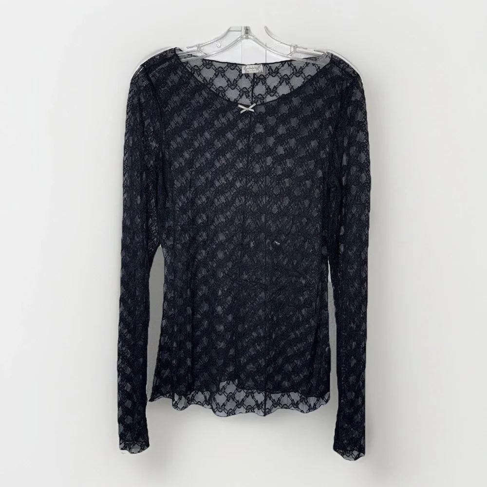 Free People From Me To You Lace Mesh Top Black Sheer Long Sleeve M Whimsigoth